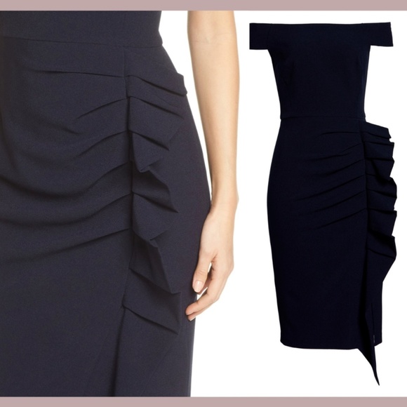 NWT Eliza J [ 6 ] Off the Shoulder Pleat Ruched Dress‎ in Navy Blue - Picture 3 of 12